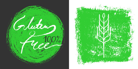 Handwritten text Gluten free icon vector. Handwritten stamp gluten-free 100% guarantee. Healthy eating symbol with crayon texture effect. Allergen free sign. Emblem for green products label.