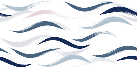 Fototapeta premium Seamless Wave Pattern, Hand drawn water sea modern vector background. Wavy beach brush stroke, curly grunge paint lines, watercolor illustration