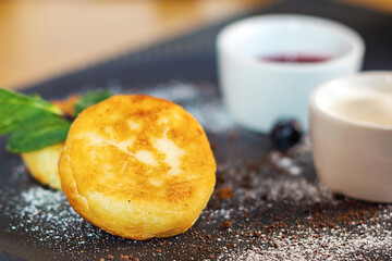 Cottage cheese pancakes with blueberry and mint for Breakfast or lunch.