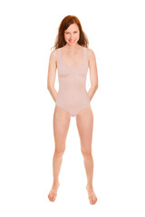 Fototapeta premium Laughing young women wearing a beige swimsuit, full length portrait, isolated in front of white background