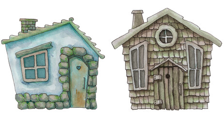 wooden house with stone house, one-storey building, watercolor