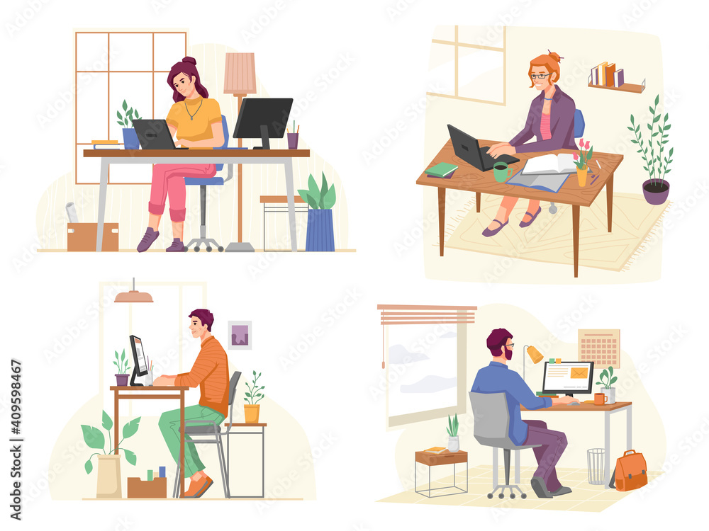 Aufkleber Freelancers using laptops and computers to work in home office. Isolated set of people looking at screens and typing data. Different angles of workplaces. Cartoon character, vector in flat style