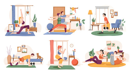 People working out at home, isolated set of personages leading active lifestyle. Training male and female, yoga and pilates, push ups and weightlifting. Cartoon character, vector in flat style