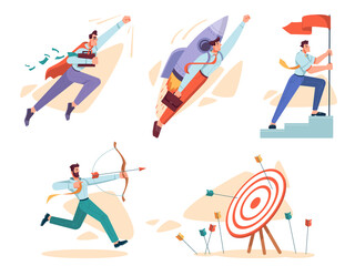 Goal and business mission for achievement. Isolated set of personages hitting target, flying life superhero with money, setting flag and using rocket. Cartoon character, vector in flat style