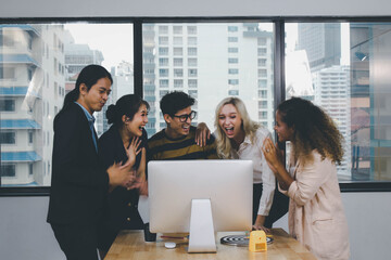 Business teamwork celebrate for success working together in the office room, the concept of finish project plan background textures.