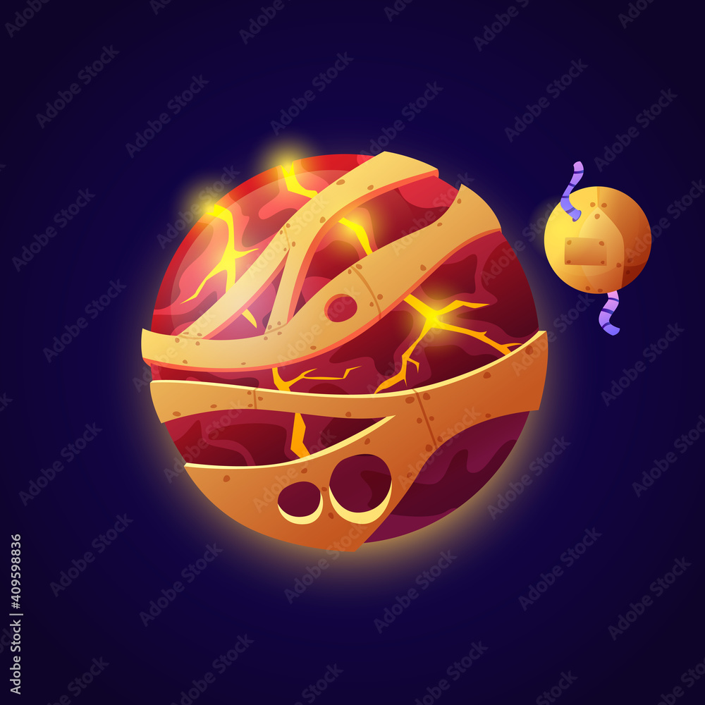 Poster iron planet and satellite, fantasy or fiction celestial body made of iron and hot solidified lava. u