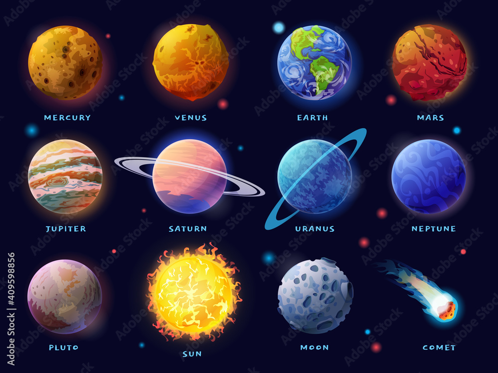 Poster Solar System planets set. Moon, Sun and comet icons isolated on starry sky background. Vector outer space gas giants Jupiter and Saturn, ice Uranus Neptune, Pluto. Rocky Mercury, Venus and Earth, Mars