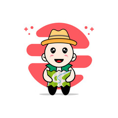 Cute men character holding map.