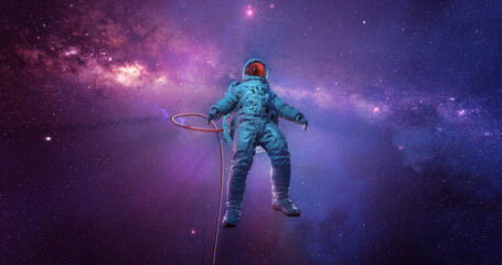 Astronaut floating in weightless space with star fields and milky way on background, 3d render - 409599864