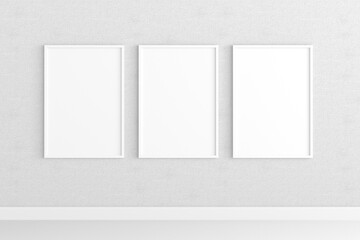 Three empty photo frame for mockup on concrete wall, 3D render, 3D illustration.