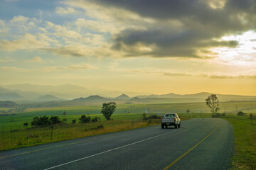 Early morning sunlight on the N17 of the South African National Roads Agency near the border with...