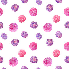 Cute seamless print with watercolor roses on a white background. Simple pattern with purple and pink roses.
