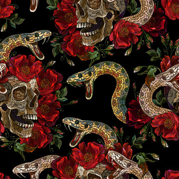 Embroidery human skull, snake and red roses flowers. Seamless pattern. Medieval kings, fairy tale. Fashion clothes template and t-shirt design. Dark gothic halloween art