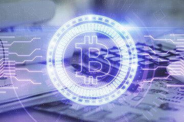 Double exposure of blockchain theme drawings and desk with open notebook background. Concept of Crypto currency