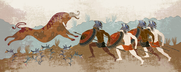 Minoan civilization. Ancient Greece banner. Hunting for a Minotaur. Classical medieval style. Vector illustration - 409601684