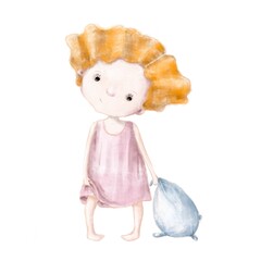 cute little girl with a pillow, hand drawn watercolor and pencils illustration, t-shirt design