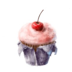 tasty muffin with cherry hand drawn watercolor and pencils drawing, food illustration
