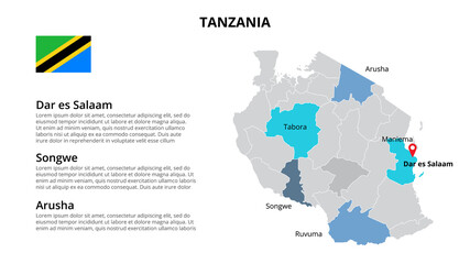 Tanzania vector map infographic template divided by states, regions or provinces. Slide presentation