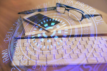 Double exposure of data theme drawing and mobile phone background. Concept of innovation