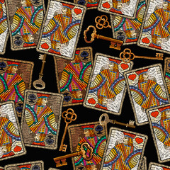 Embroidery playing cards and golden vintage keys, seamless pattern. Jacks, poker art. Symbol of casino gamblings. Romantic template clothes, t-shirt design, textile design