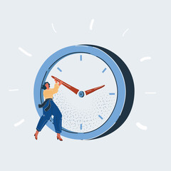Vector illustration of Time management concept. Woman trying to delay time on big giant clock.