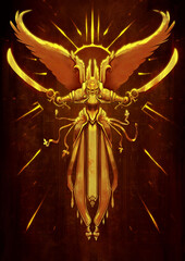 A golden angel with two curved swords in his hands, wearing a helmet with wings, he soars in the air in a symmetrical pose. 2d illustration