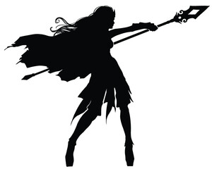 The black silhouette of a graceful sorceress girl standing in a casting pose , her cloak and hair swaying in the wind, she has the thin, fragile legs of an elf. 2d illustration