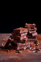Organic food snack tasty sweet dessert milk dark chocolate bar macro closeup broken slide piece and fruit orange raspberry hazelnut nuts on cocoa cacao powder wooden table for new year Christmas gift