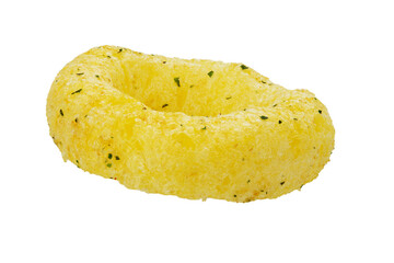 Beer snacks. Corn rings sticks with cheese and green onion flavor isolated white background. Junk food.