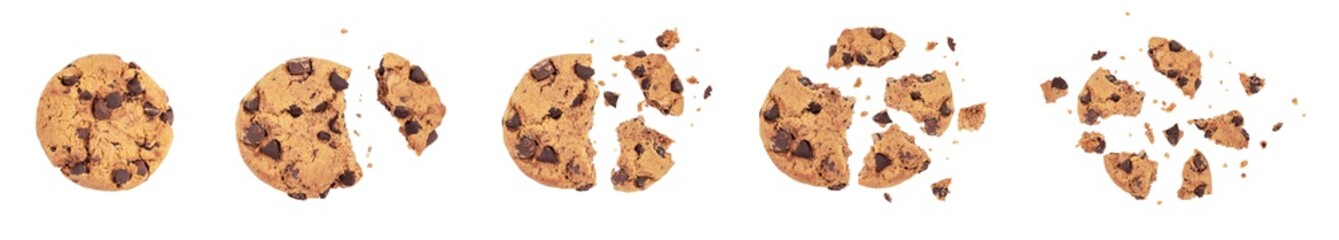 Isolated clipping path of die cut dark chocolate chip cookies piece stack and crumbs on white...