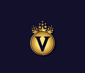 V Letter Crown Golden Colors Logo Design Concept