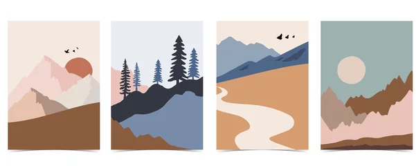 Poster Collectie van natuur landschap achtergrond instellen met berg, zee, zon, maan. Bewerkbare vectorillustratie voor website, uitnodiging, ansichtkaart en poster © piixypeach