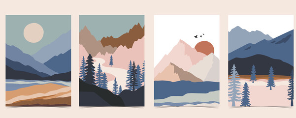 Sammlung von Naturlandschaftshintergrund mit Berg, Meer, Sonne, Mond. Bearbeitbare Vektorillustration für Website, Einladung, Postkarte und Poster