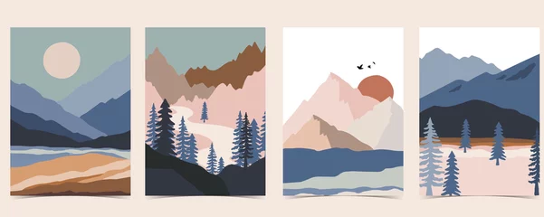 Fototapeten Sammlung von Naturlandschaftshintergrund mit Berg, Meer, Sonne, Mond. Bearbeitbare Vektorillustration für Website, Einladung, Postkarte und Poster © piixypeach