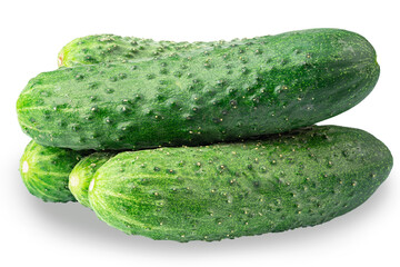 Five cucumbers on an isolated white background. Low-calorie foods.