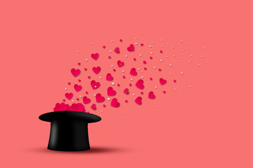 Red hearts fly out of the top hat, on a pink background. Valentine's day background. F