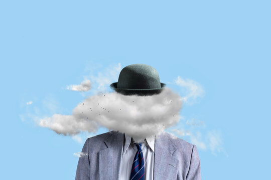 Businessman in a hat, with a cloud instead of a head. The concept of creative ideas. Business.