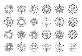 Firework icon. Linear sparkle explosion set. Happy new year shiny symbol. Burst stars, sparks and salute. Vector illustration. Outline birthday party elements isolated on white background.