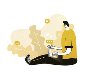A man works at home online in his computer. Vector illustration with Web communication idea for telework, remote working and freelancing concept
