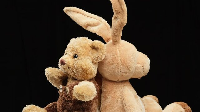 rabbit with long ears and various teddy bears rotates on a black background, children's toy