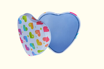 open heart box,empty metal box in the shape of a heart on a white background