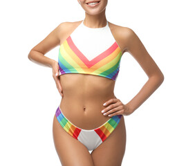 Fototapeta premium Sexy young woman in stylish swimsuit isolated on white, closeup. Beach body goal