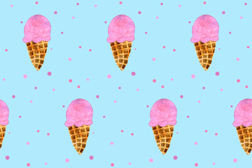 Seamless pattern with pink strawberry ice cream cone on blue board. Trendy watercolor hand drawn design for wrapping paper, textile, packaging. Hand drawn print. Sweet summer dessert