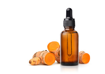 Turmeric (Curcuma longa Linn) essential oil with  rhizome isolated on white background.