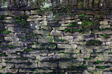 Green moss on the old stacked stones wall