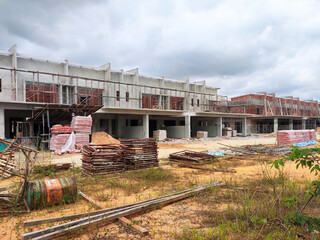 SEREMBAN, MALAYSIA -APRIL 09, 2020: New double story luxury terrace house under construction in...