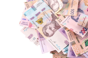 Ukrainian money on white background, top view
