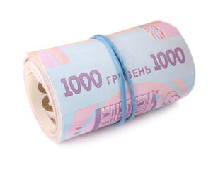 Roll of Ukrainian money on white background