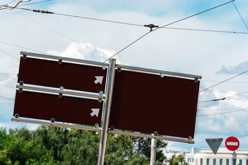 Information banner on the background of the sky and city street. No text. Isolate