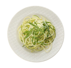 Tasty zucchini pasta with arugula isolated on white, top view